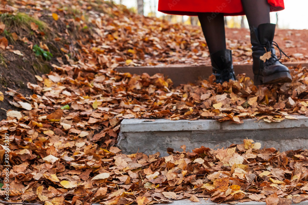 A girl in black boots and a red coat kicks yellow and red foliage strolling in the park alone on a clear autumn day during a fall. Freshness, nature and fun. A girl in black boots and a red coat kicks yellow and red foliage strolling in the park alone on a clear autumn day during a fall. Freshness, nature and fun.