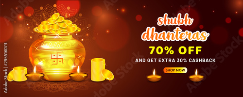 Social media Header golden kalash full of gold coins(laxami) and diya on bokeh background for Shubh Dhanteras festival.