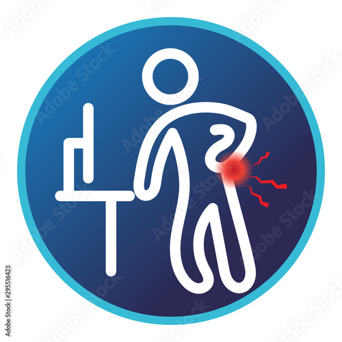 Injury of the back pain icon, concept symptom of back and pelvic injury and pain. Medical icon blue background, bones and joints. Vector illustration.