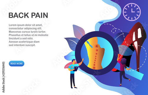 Doctor diagnosis for back pain in women, heath care page. Hospital digital, Orthopedics technologies concept. Radiology orthopedic,hospital, joint. Blue violet background. Vector illustration