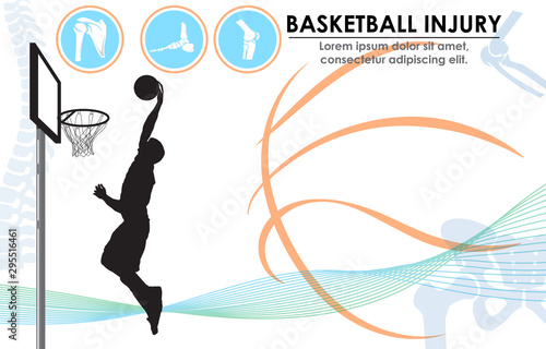 Medical infographic orthopedic anatomy. Human silhouette basketball sport injury of bone, abstract background with spine, pelvis, knee, foot, shoulder, elbow bones and joints. Vector illustration