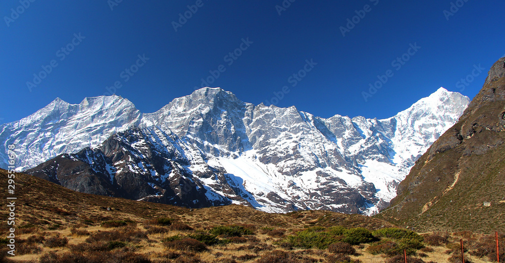 View of Kongde Ri mountain in the morning in Sagarmatha national park in Nepal. The mountain is classified as a trekking peak, but it is considered one of the more difficult to climb.