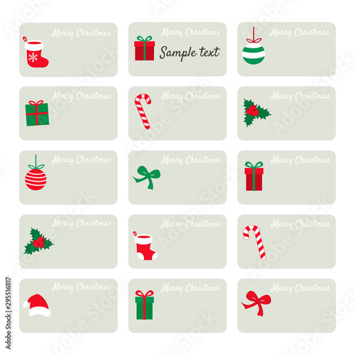 Collection of fifteen christmas gift tags with santa claus socks, hat, present, baubles, lolipop candy, bow ribbon and holly berry. Cute retro vintage style. Set of printable hand drawn holiday label