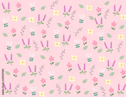 Many flowers and leaves on a pink background.Floral spring wallpaper.Romantic floral pattern used for decoration.