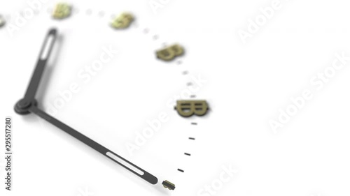 Wallpaper Mural Hand pointing at Thai Baht or Bitcoin symbols on white clock face. Investment related conceptual 3D animation Torontodigital.ca