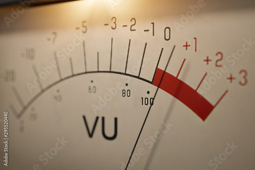 Analog VU meter measuring volume level of sound. 3D rendered ill photo