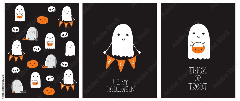 Cute Hand Drawn Halloween Cards and Pattern. Little White Ghost on a Black Background. Happy Halloween. Trick or Treat. Sweet Little Pumpkins and White Funny Skulls. Gravestone with Boo inscription.