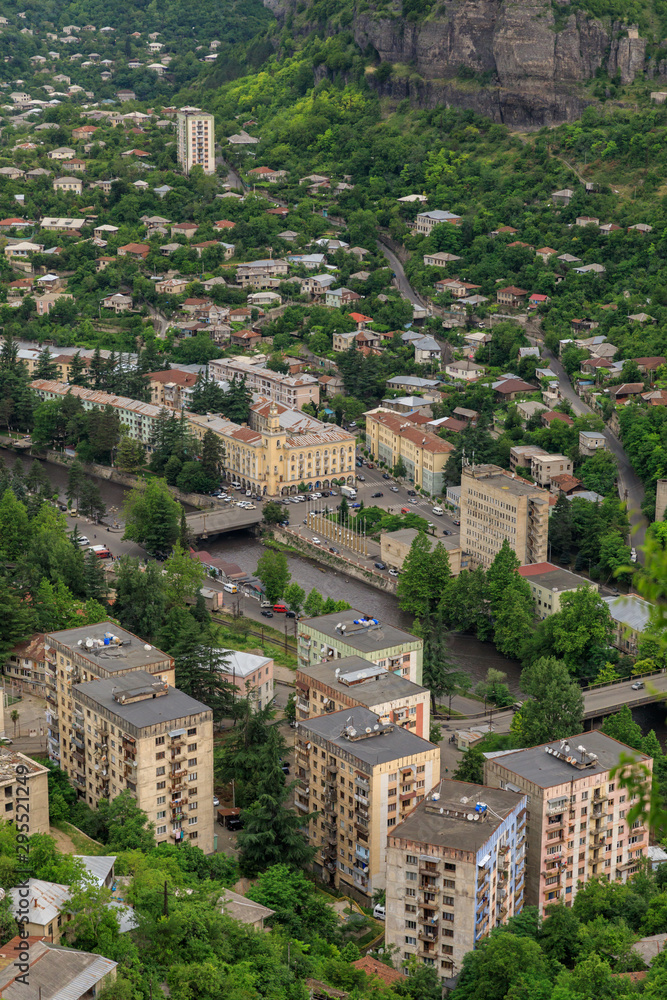 Panoramic View of the mountainous city of Chiatura, famous for its manganese mines located on the river Kvirila, Georgia.