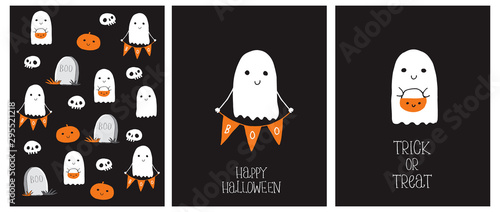 Cute Hand Drawn Halloween Cards and Pattern. Little White Ghost on a Black Background. Happy Halloween. Trick or Treat. Sweet Little Pumpkins and White Funny Skulls. Gravestone with Boo inscription.