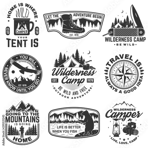 Set of outdoor adventure quotes symbol. Concept for shirt or logo, print, stamp or tee. Vintage design with hiking boots, fishing bear, mountains, compass, knife, tent and forest silhouette