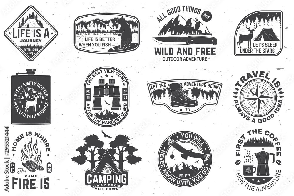 Set of outdoor adventure quotes symbol. Concept for shirt or logo, print, stamp or tee. Vintage design with hiking boots, binoculars, mountains, fishing bear, deer, tent and forest silhouette