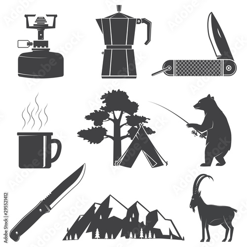 Set of Hiking and Camping icons isolated on the white background. Vector. Set include fishing bear, mountains, knife, tent, cup, coffee, goat, gas stove and forest silhouette