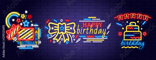 Three designs for Birthday neon party lights with happy Birthday text depicting open gift, bow and birthday cake over a midnight blue background, vector illustration