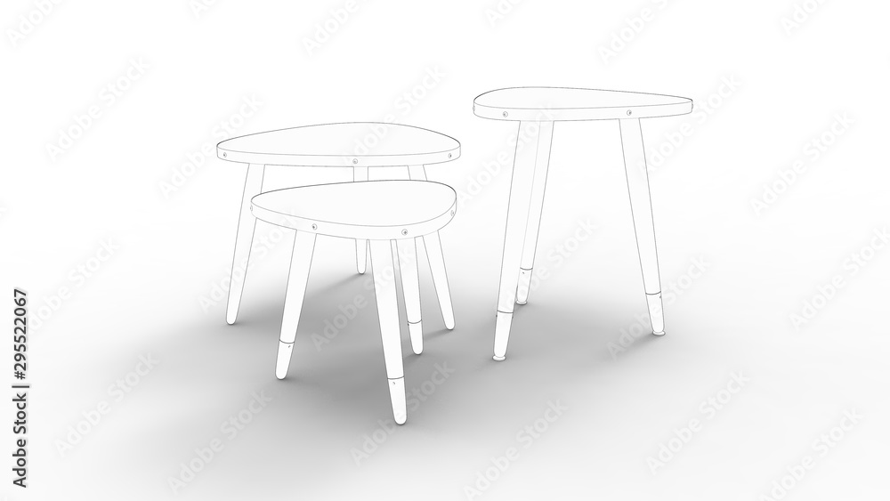 3d rendering of three sketched coffee tables isolated in white background 3d rendering of three sketched coffee tables isolated in white background