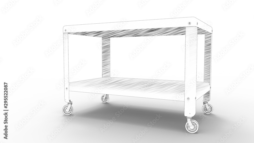3d rednering of a coffee table on wheels isolated in white background