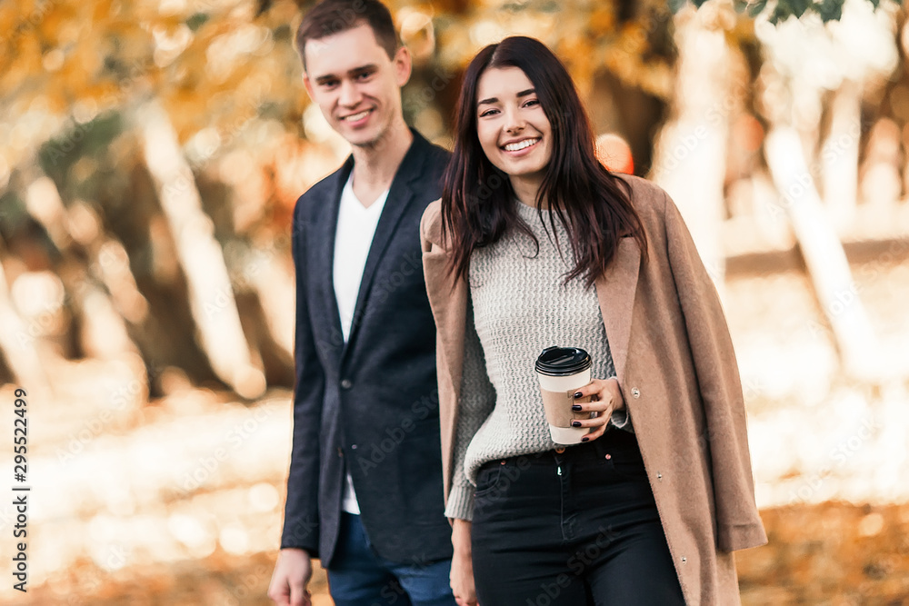 Beautiful young couple walking in autumn park. Beautiful young couple walking in autumn park.