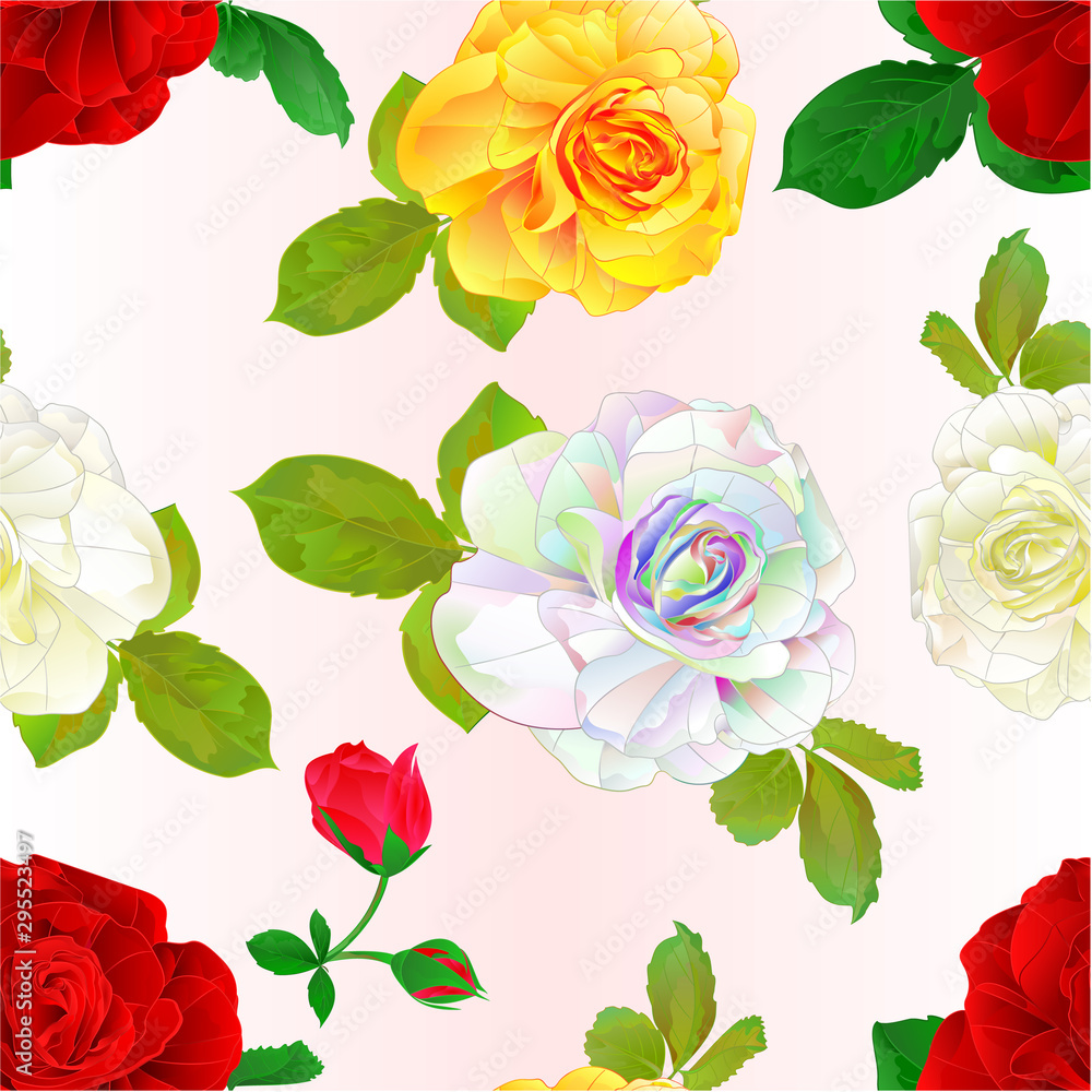 Seamless texture Multi colored  roses simple stem with leaves natural  vintage on a white background vector illustration editable hand draw