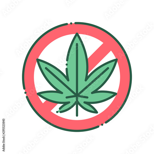 Ban leaf marijuana color line icon. Narcotic addiction. Stop cannabis sign. Pictogram for web page, mobile app, promo.