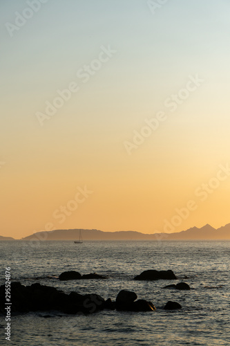 Sailboats on the Vigo estuary at sunset