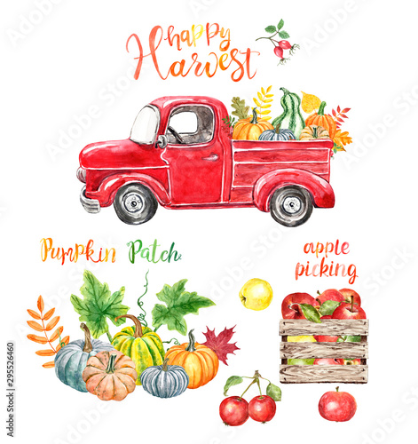 Watercolor red truck with autumn seasonal veggies and fruits, isolated on whi...