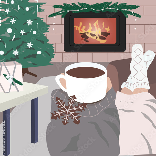 Hygge card with person near the hearth in warm sweater and socks. Enjoy moment with mug and hot drink. Cozy interior in trendy Scandinavian style. Christmas vector illustration print, poster, banner