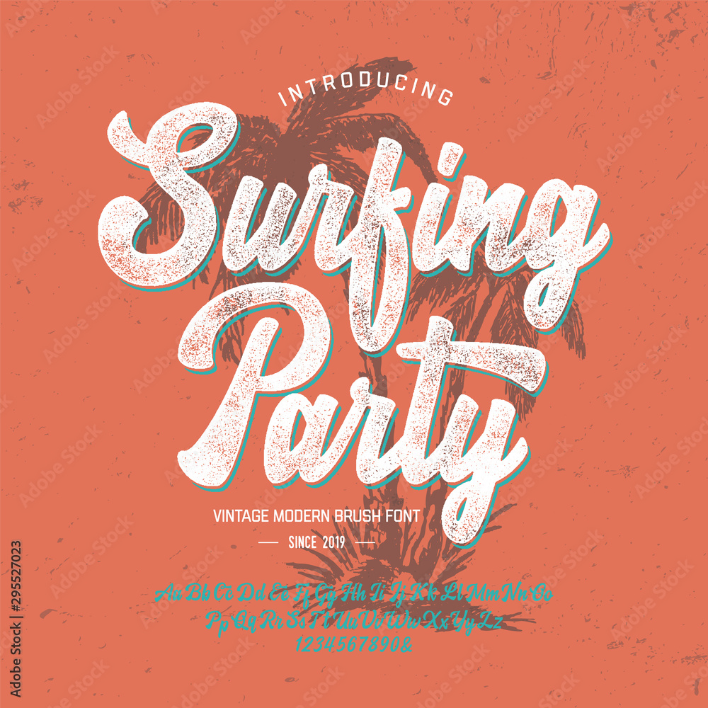 "Surfing Party". Vintage Brush Script Alphabet. Retro Typeface. Vector Font Illustration. Vector - obrazy, fototapety, plakaty 