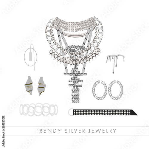 Set of trendy silver jewelry and accessories: big necklace with crystals, ring, stylish belt, earrings, mono earring , bracelet. Trendy silver jewelry text. Woman fashion collection for print, card