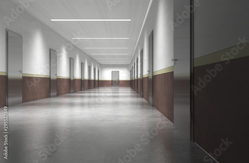 long corridor with doors, interior visualization, 3D illustration