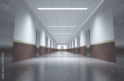 long corridor with doors, interior visualization, 3D illustration