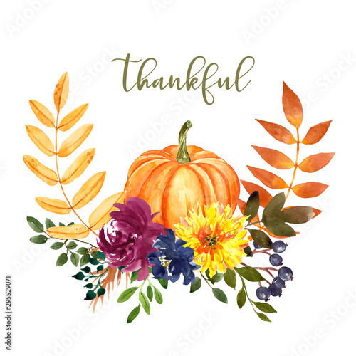 Beautiful watercolor autumn arrangement with orange pumpkin, yellow, burgundy...