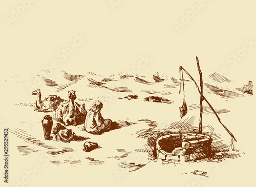 Man and camels at withered well in desert. Vector drawing