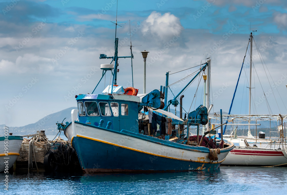 Fishing boats at small harbour in Pachi village. Megara,Greece