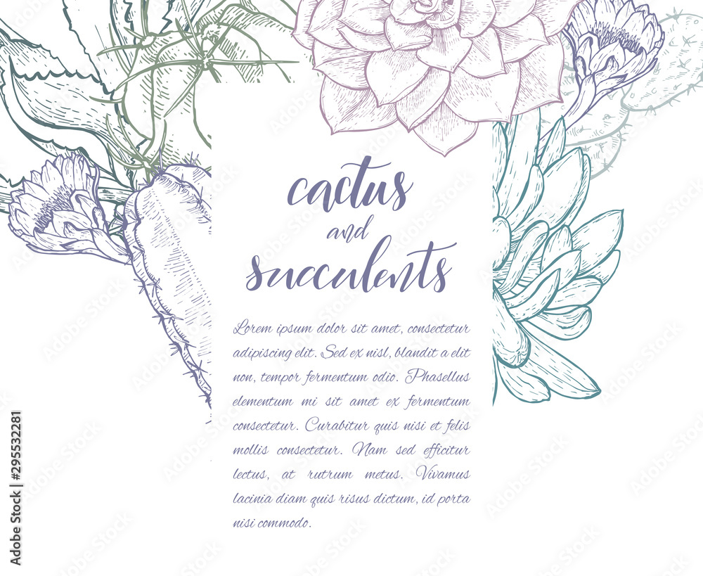 Floral background. Hand drawn vector botanical illustration. Template greeting card, wedding invitation banner with spring flowers. Sketch linear cactus ans succulents . Engraved style illustration.