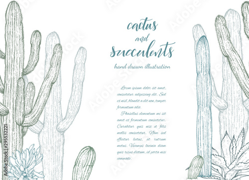 Floral background. Hand drawn vector botanical illustration. Template greeting card, wedding invitation banner with spring flowers. Sketch linear cactus ans succulents . Engraved style illustration.