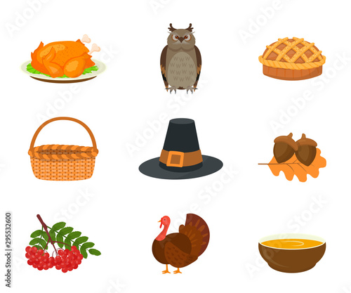 Thanksgiving symbols flat vector illustrations set