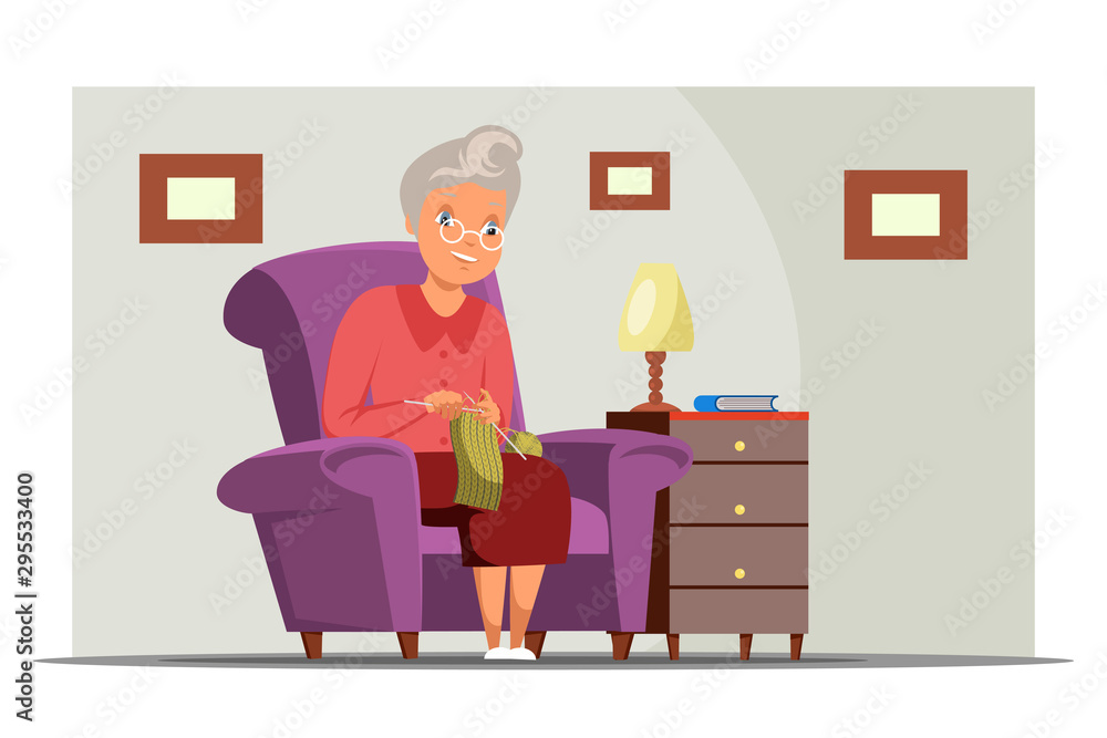 Old woman knitting flat vector illustration