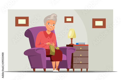 Old woman knitting flat vector illustration