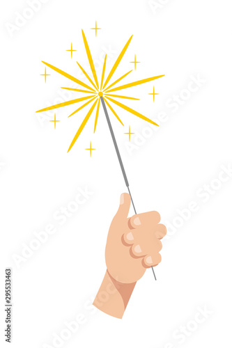 Burning sparkler in hand flat vector illustration