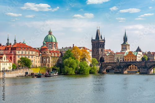 Prague cityscape with Old Town Bridge Tower and Charles bridge over Vltava river  Czech Republic