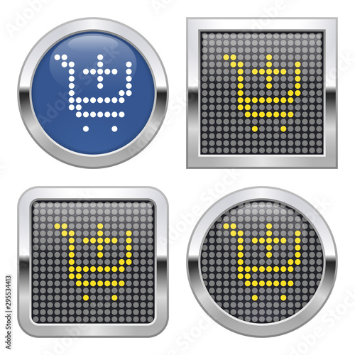 Dotted icon of  shopping trolley with plus sign (add to cart) on glossy button in four variants