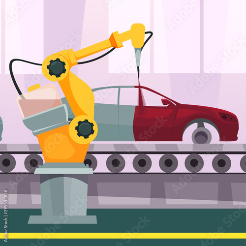 Robotic arm painting car flat vector illustration