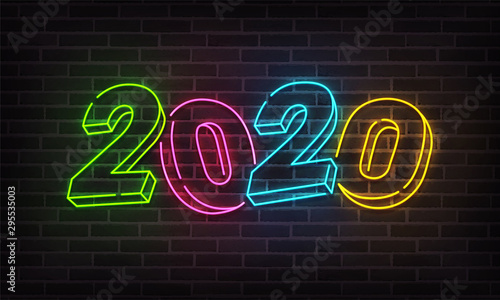 2020 New Year neon background colorful. Merry Christmas neon sign. Logo, emblem, banner and label, bright signboard, light banner.