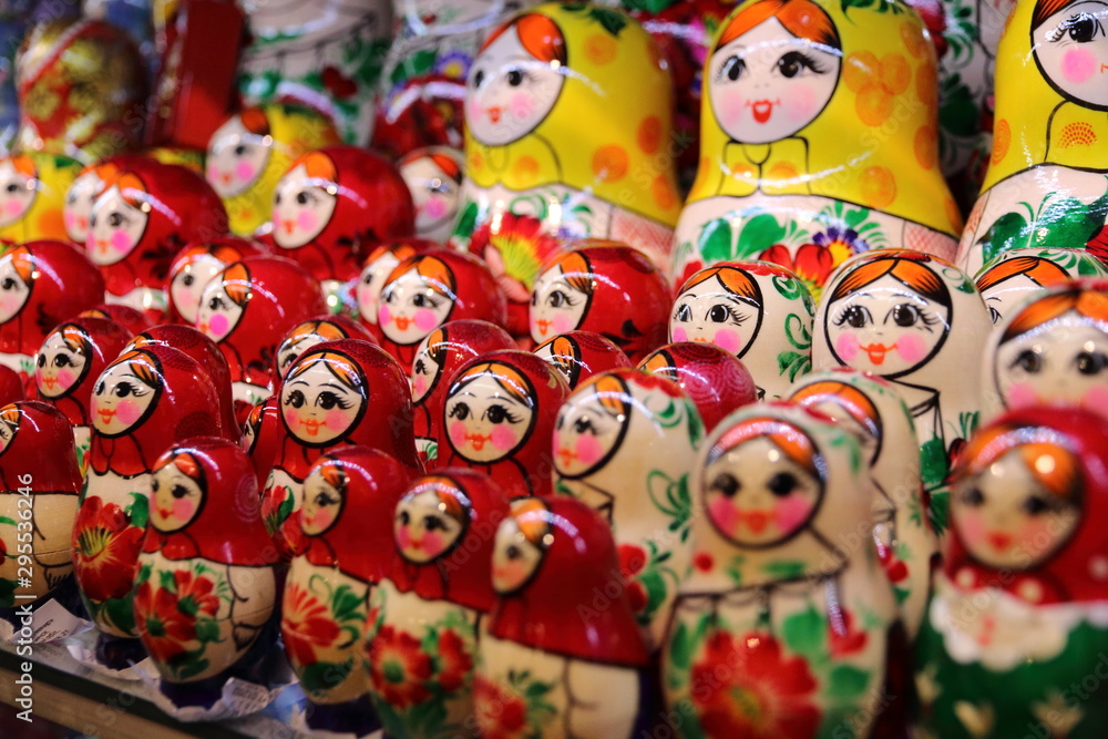 Batch of collorful Russian Matryoshka dolls in a tourist shop in Moscow, Russia. Russian nesting dolls. Batch of collorful Russian Matryoshka dolls in a tourist shop in Moscow, Russia. Russian nesting dolls.