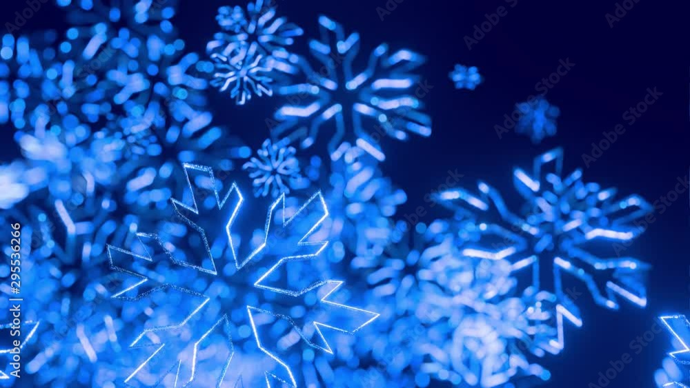 3d blue christmas background with bokeh and depth of field of shiny toy snowflakes hanging in the air beautifully shiny slowly swaying and shining in the light. Beautiful 3d for new year in 4k 3d blue christmas background with bokeh and depth of field of shiny toy snowflakes hanging in the air beautifully shiny slowly swaying and shining in the light. Beautiful 3d for new year in 4k