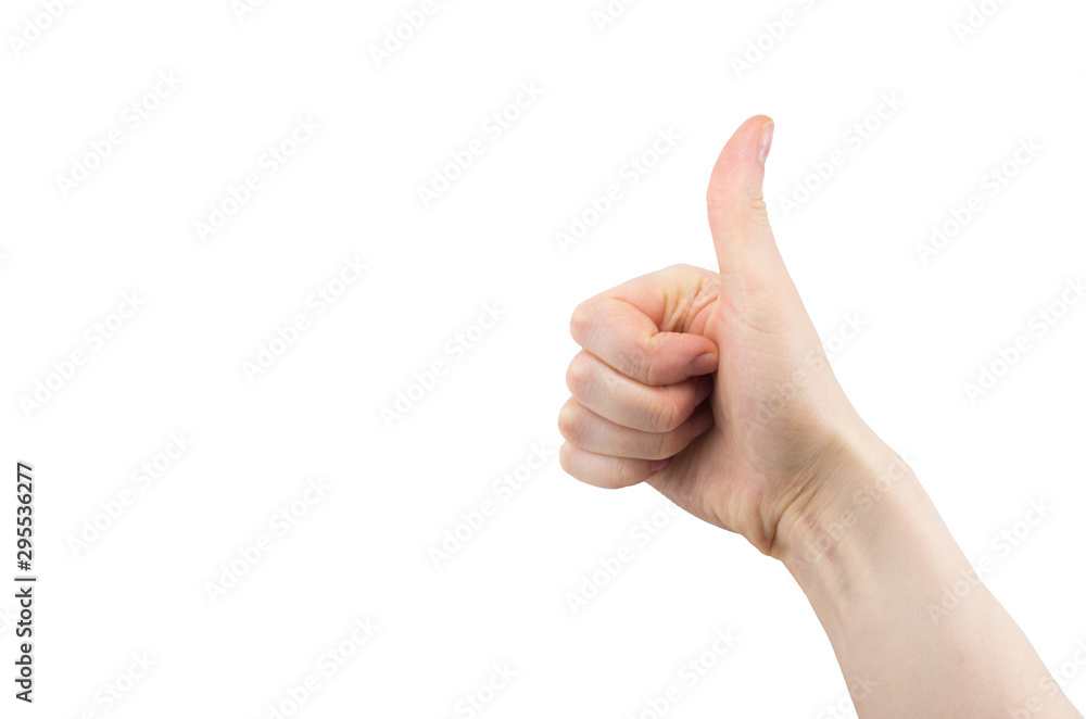 hand with raised up thumb, sign well, super, isolated on white background hand with raised up thumb, sign well, super, isolated on white background