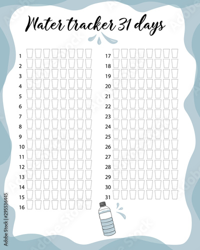 Water balance vector calendar. Water monthly tracker. Water consumption per week and month