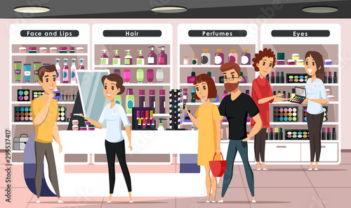 People in cosmetics shop flat vector illustration