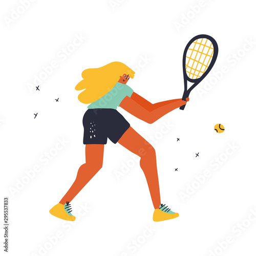 Girl playing tennis doodle style vector illustration. Female player hitting two-handed forehand cartoon character. Athlete in sportive outfit. Active lifestyle concept. T shirt print design