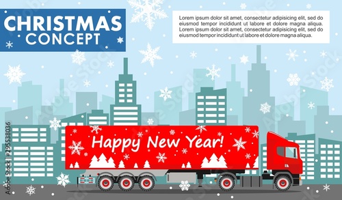 Christmas and New Year business concept. Detailed illustration of red delivery truck on background with winter cityscape in flat style. Vector illustration.