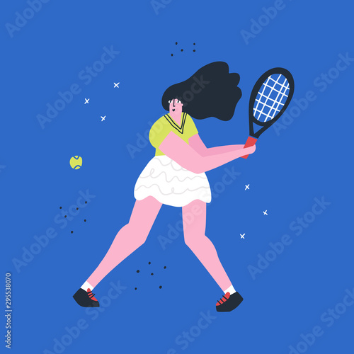 Girl playing tennis hand drawn vector illustration. Professional athlete hitting two-handed backhand cartoon character. Athletic woman in sportswear. Healthy lifestyle concept. T shirt print design